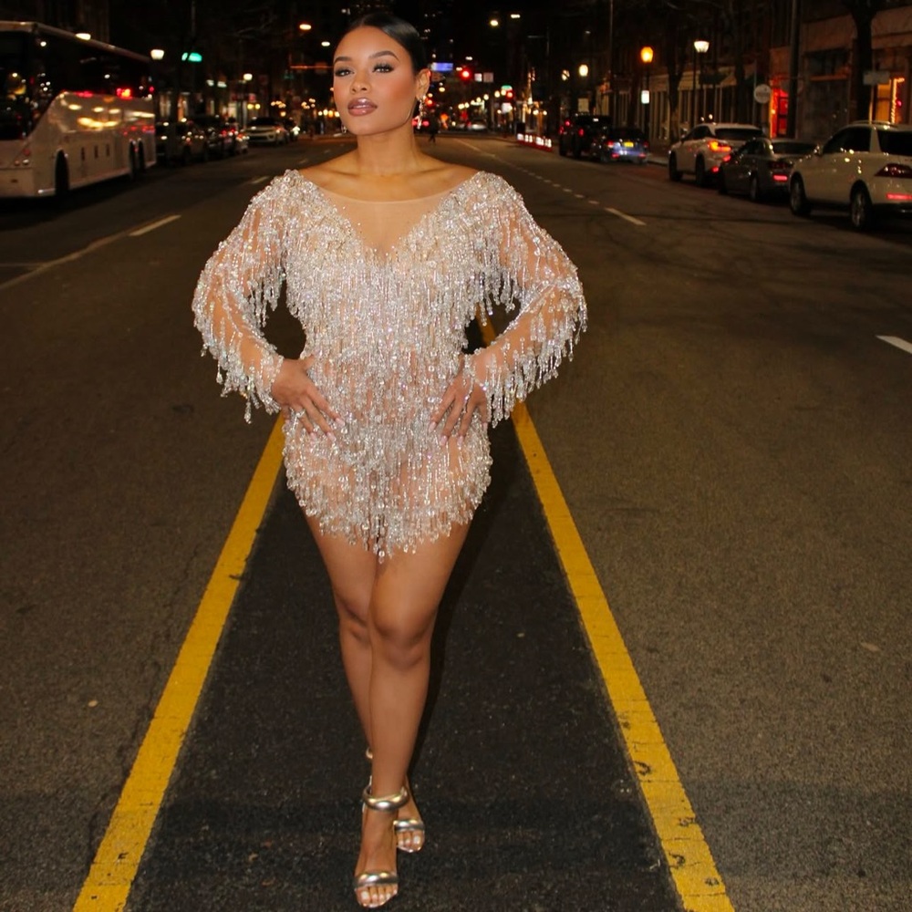 Albina Dyla Sparkly Silver Rhinestone Dress